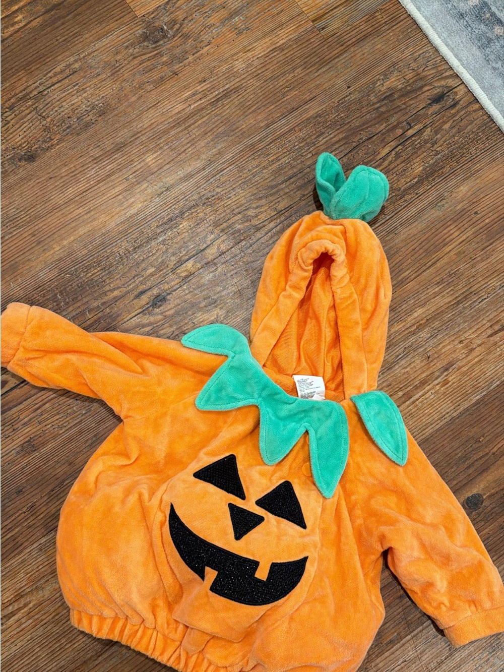 Kids Orange Pumpkin Costume Hoodie with Green Leaf Accents